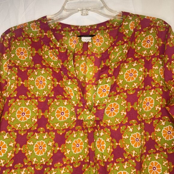 J CREW Women’s Colorful Retro Cotton V Neck Bell Sleeve Pullover Blouse Top Sz M - Picture 2 of 7